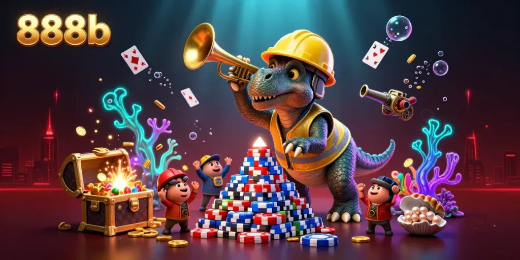 Celebrate winning strategies and vibrant gaming action at 888b, with cheerful 3D characters building poker chip pyramids.