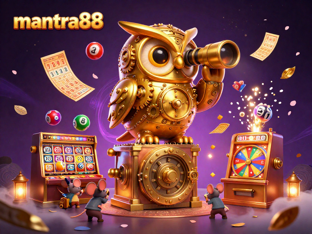 Experience the thrill of mantra88 with the lively casino scene featuring a clockwork owl and vibrant lottery elements.