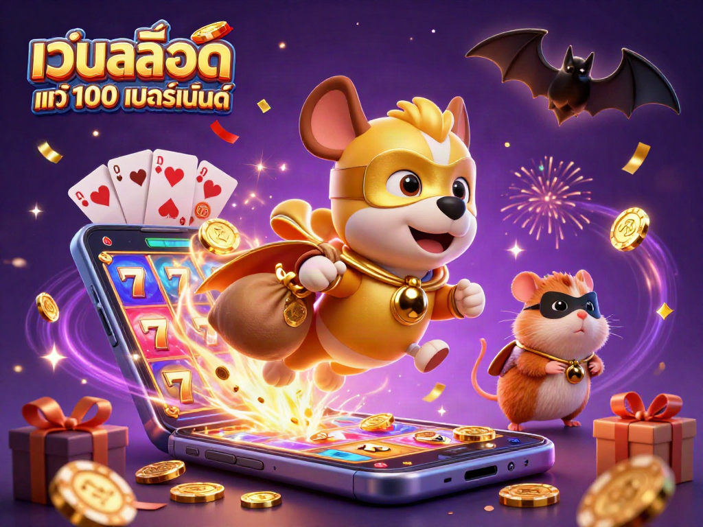 Engage with เว็บสล็อต แท้ 100 เปอร์เซ็นต์ as superhero dog delivers winnings, showcasing vibrant casino action.