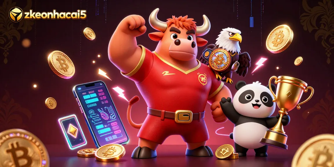 Engage with zkeonhacai5 in an energetic 3D scene featuring casino characters and cryptocurrencies.