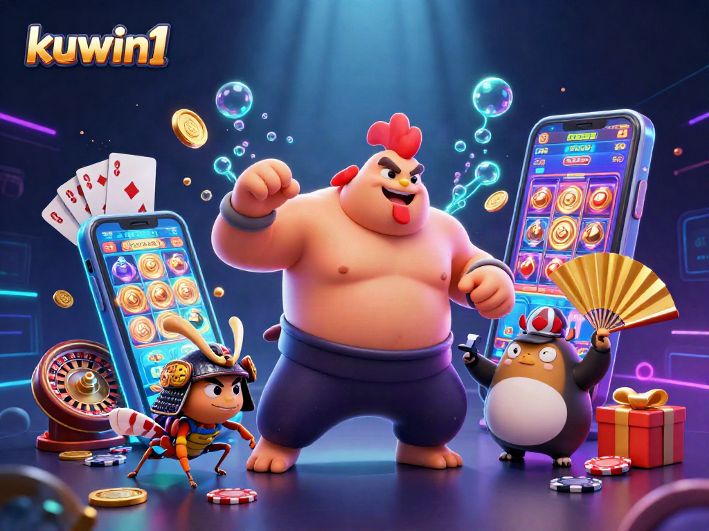 Kuwin1 showcases a powerful sumo wrestler rooster beside a fierce samurai cricket and tanuki announcer in a vibrant casino scene, celebrating wins.