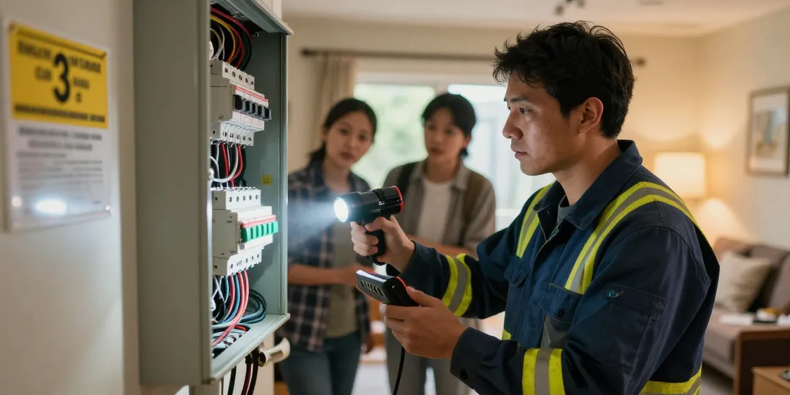 Emergency electrician assessing electrical panel, see more details on urgent services.