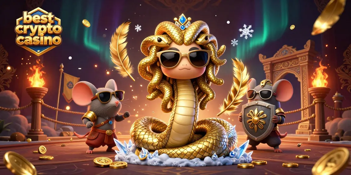 Jouez sur le meilleur casino crypto avec Medusa et un courageux souris guerrier soulignant des jetons d'or.