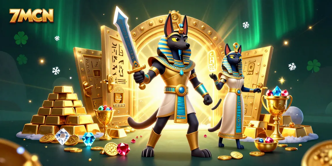 Experience the thrilling world of 7MCN with a dynamic gaming scene featuring Anubis and Bastet in captivating 3D.