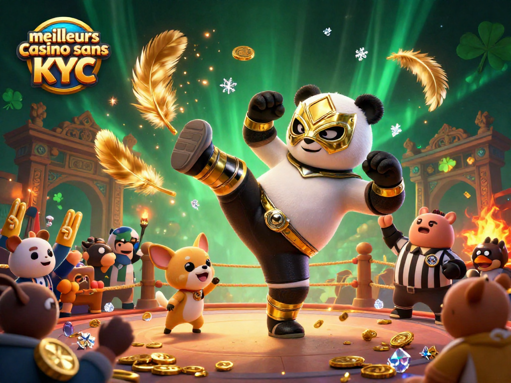 Les meilleurs casinos sans KYC offrent des gains rapides, illustrés par un panda lutteur dans une scène festive.