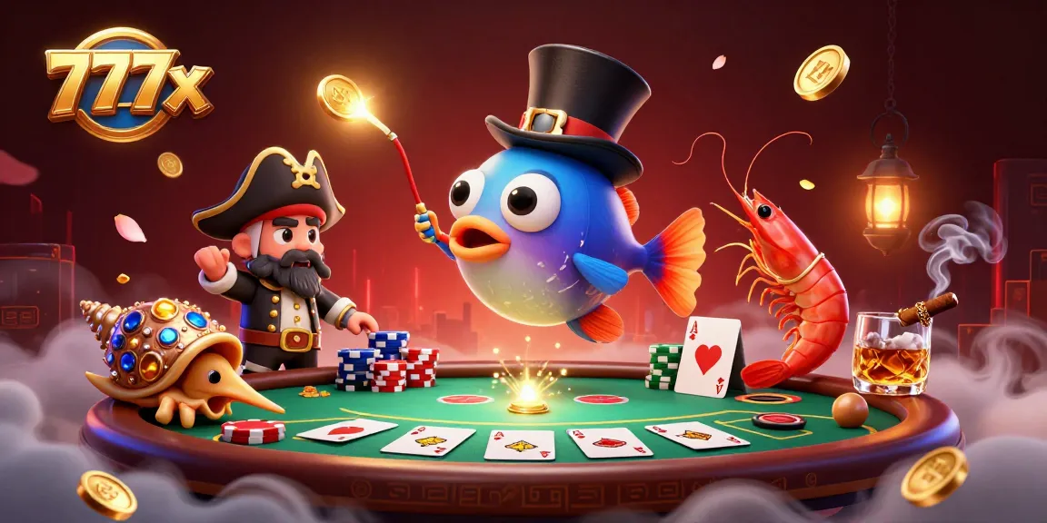 Play poker at 777x with a vibrant scene featuring a glowing anglerfish, pirate shrimp, and a treasure snail.