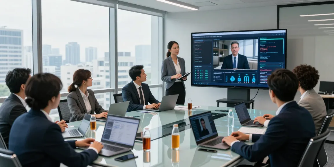 Deepfake protected meetings in a modern conference room with professionals collaborating on security strategies.