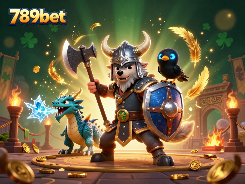 Experience thrilling action with 789bet's dynamic Viking warrior and fierce dragon illustration.