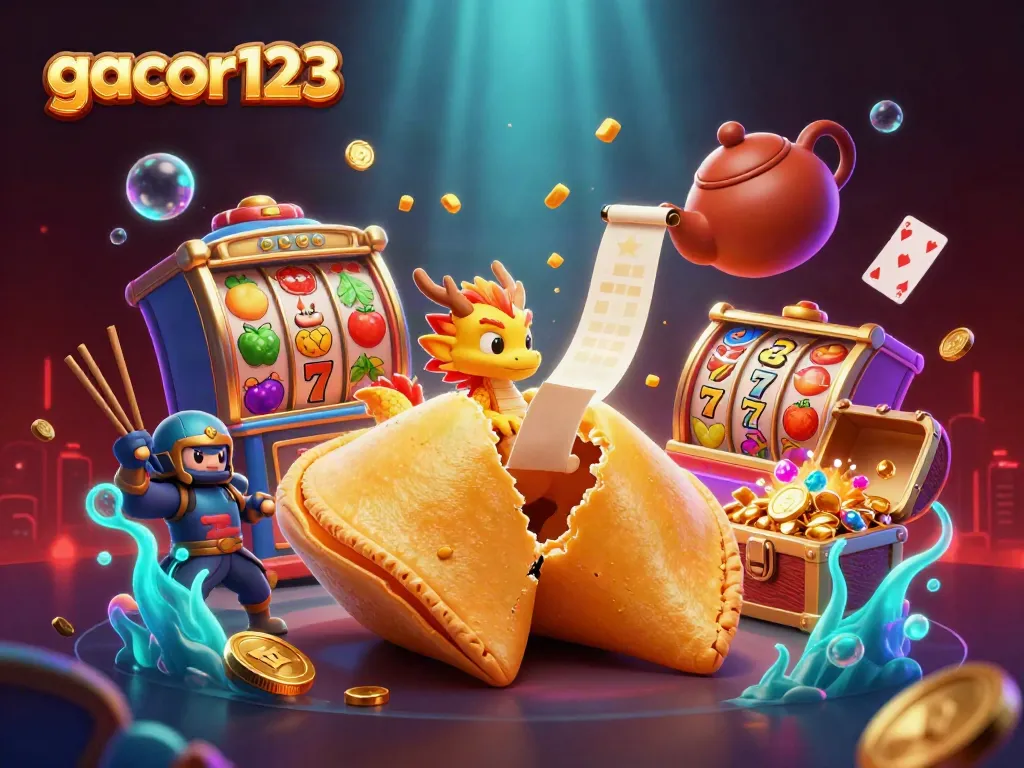 Engage with gacor123's thrilling gameplay featuring animated golden fortune cookie and slot machine elements.