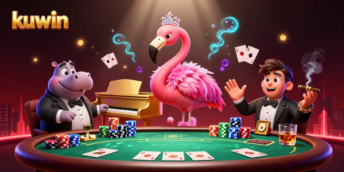 Kuwin players winning at a vibrant casino scene with colorful poker elements and dynamic characters.