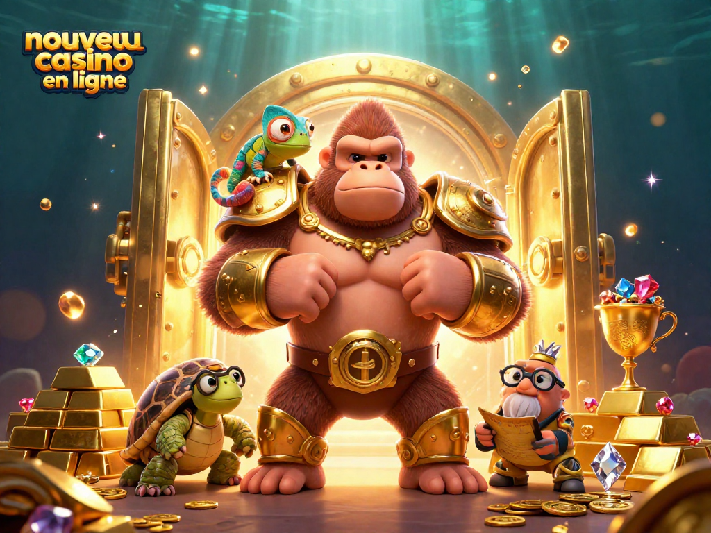 Vivez l'excitation du nouveau casino en ligne avec ce king gorilla, un chameleon et une tortue sage, entourés de trésors.