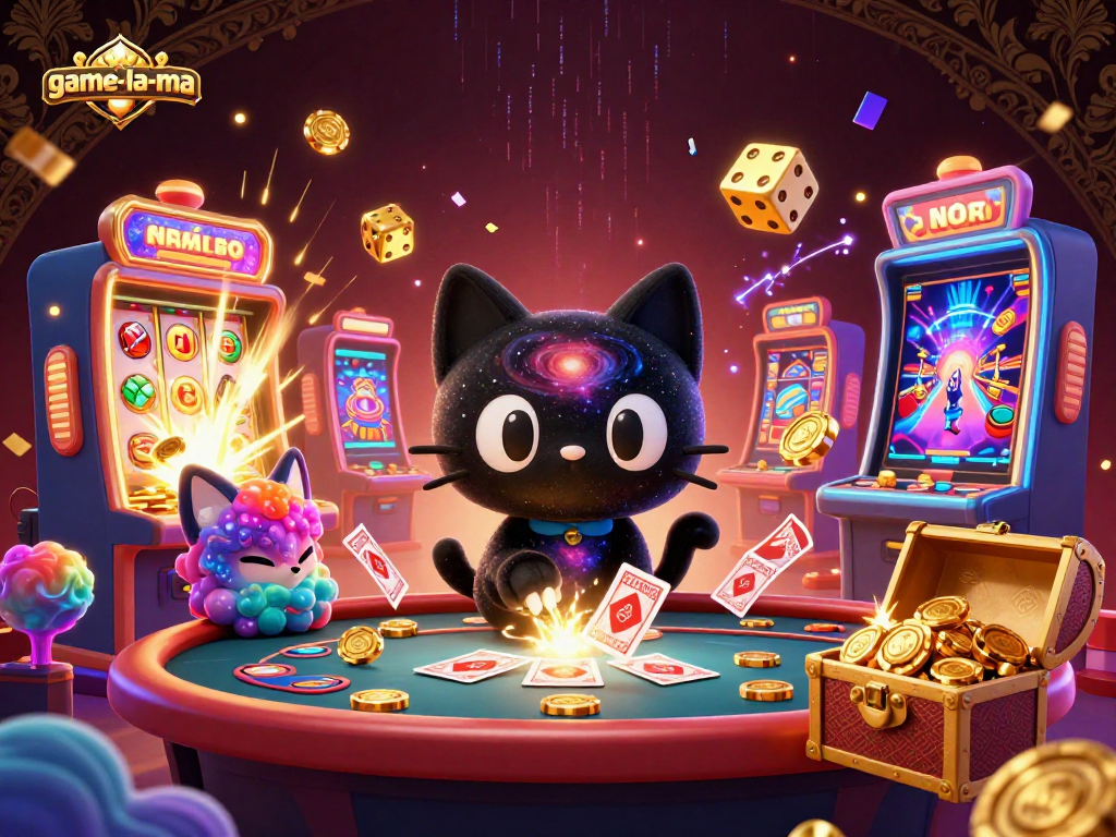 game-la-ma showcases a cosmic casino scene with a black hole cat and nebula fox, bursting with excitement.