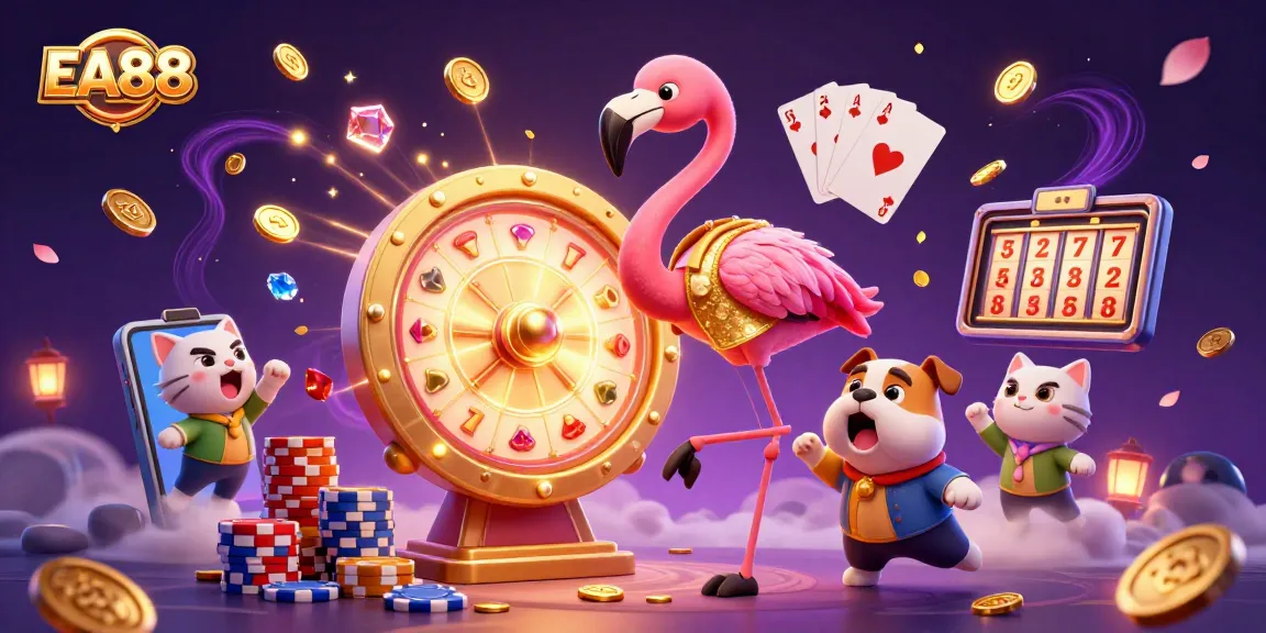 Win big with EA88 as a flamingo host spins a golden prize wheel in a lively casino scene.