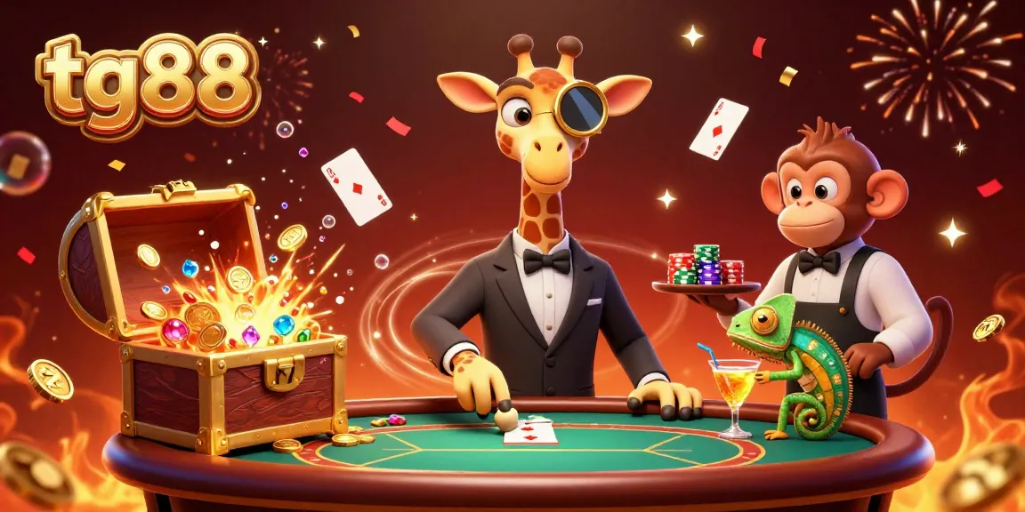 Join tg88 in this vibrant casino scene as the giraffe plays poker amidst floating cards and gold treasures!