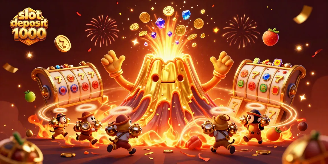 Spin to win with slot deposit 1000, featuring 3D golden volcano and vibrant casino elements.