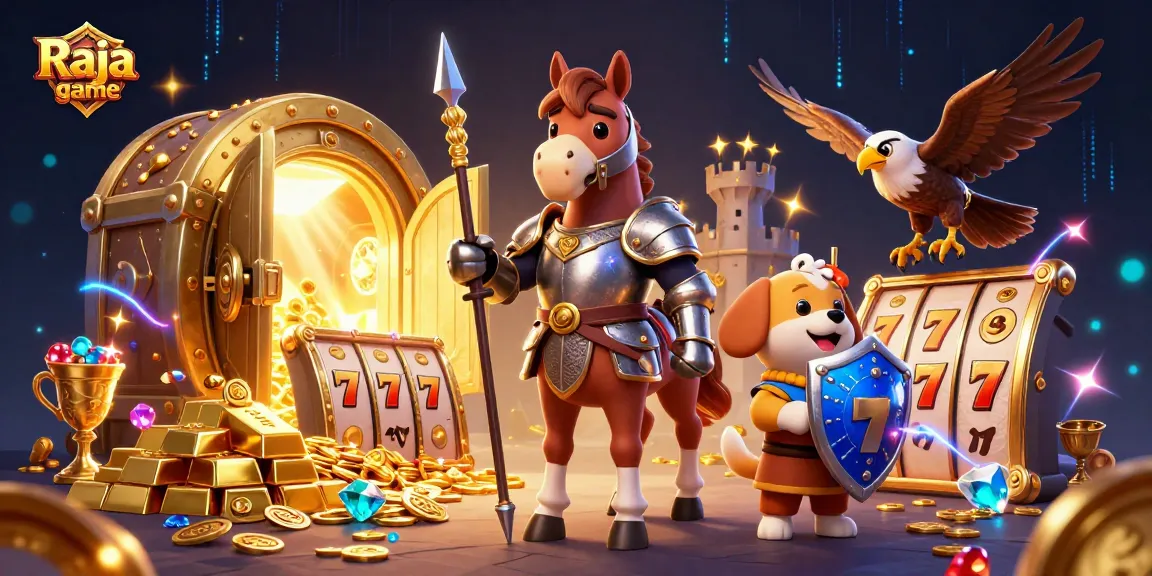 Play the thrilling Raja game with vibrant slots, knights, and treasures overflowing in this captivating illustration.