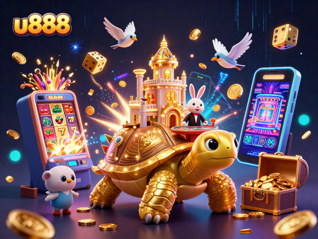 Explore the vibrant gaming world of u888 with a golden tortoise and thrilling casino elements.