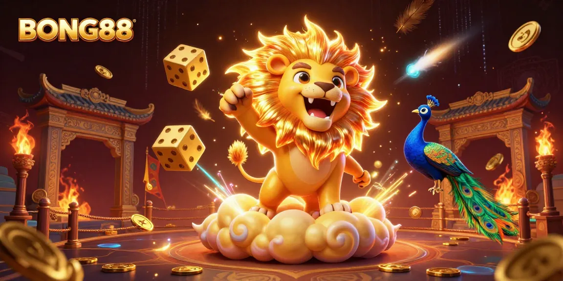 BONG88 showcases a captivating 3D scene with a roaring sun lion, golden dice, and thrilling casino elements.