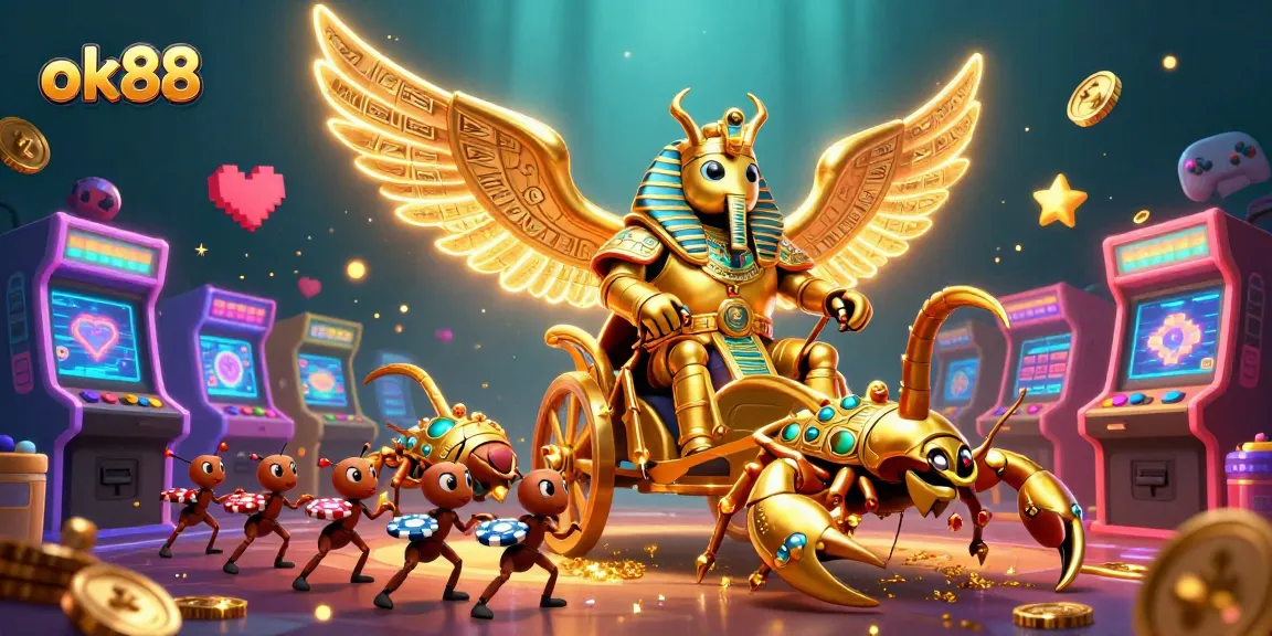 Experience the excitement of gambling with ok88, featuring a dynamic illustration of a colossal scarab, casino symbols, and vibrant gaming elements.