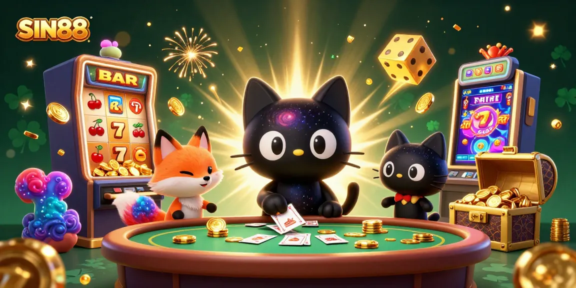 SIN88 showcases a cosmic scene with a black hole cat and nebula fox attracting casino rewards.
