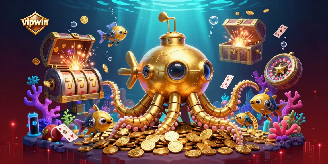 Join the excitement at vipwin with vibrant slot games and a golden kraken submarine!