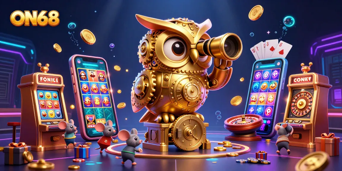 Experience the excitement at ON68 with a massive clockwork owl surveying the bustling casino floor.