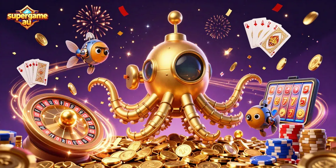 Experience the excitement of supergame au with a golden kraken submarine amidst cascading coins and dynamic casino elements.