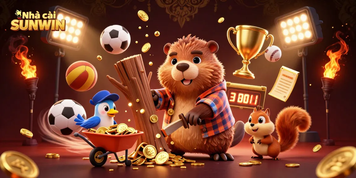 Experience the thrill of Nhà cái SUNWIN with a vibrant 3D illustration of gaming excitement, featuring dynamic sports elements and winning symbols.
