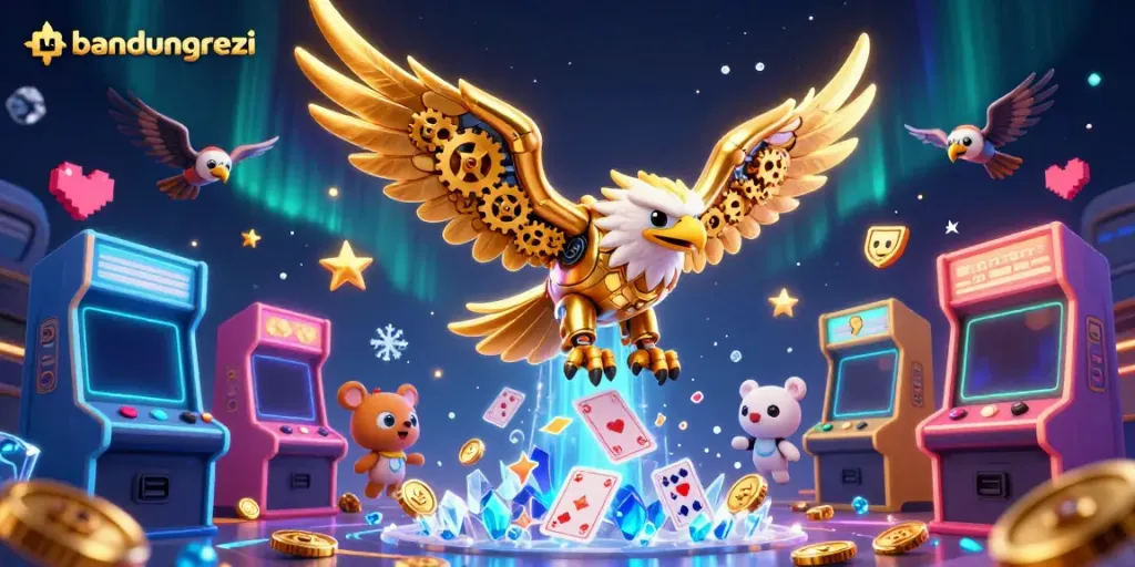 Experience winning thrills with bandungrezeki's animated golden eagle amidst holographic casino excitement.