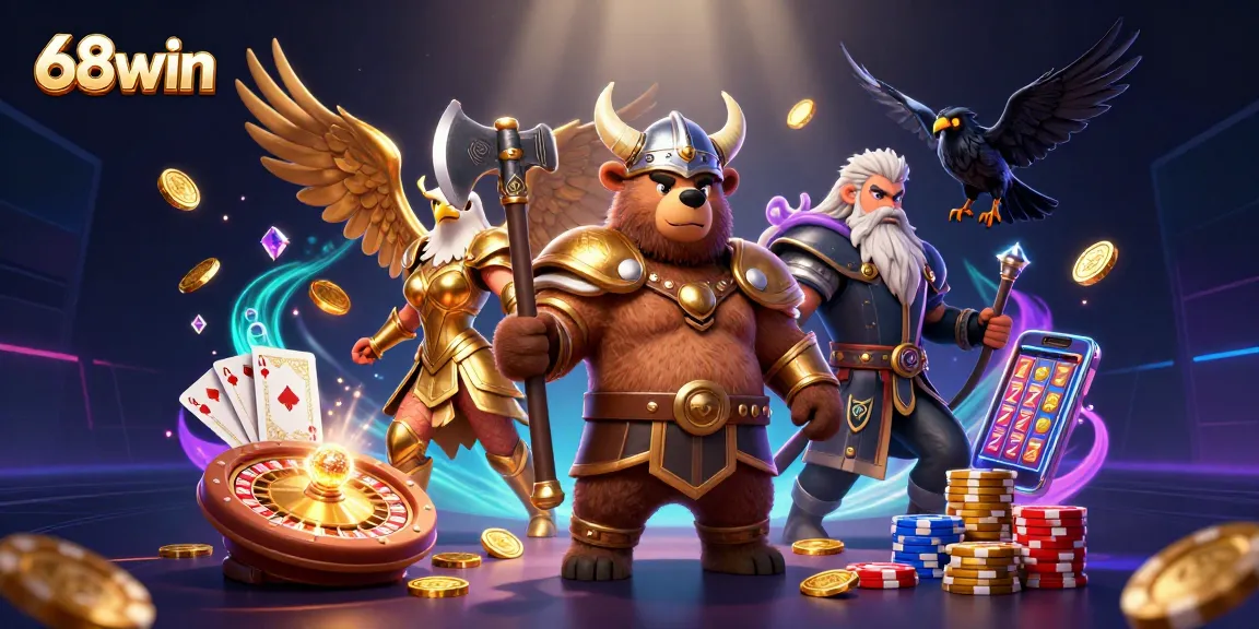 Experience the thrill of 68win with a Viking bear, Valkyrie eagle, and glowing gaming elements.