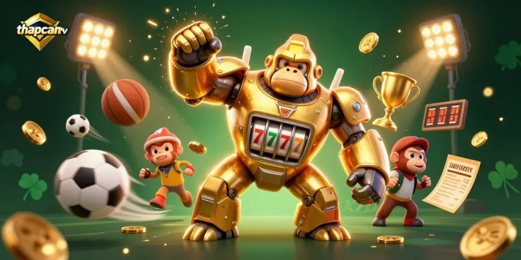 Experience thrilling sports betting action with thapcamtv's vibrant illustration featuring a golden gorilla mech.