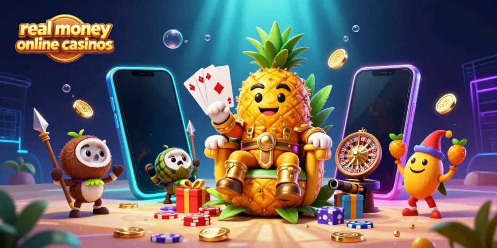 Engage with real money online casinos amidst vibrant 3D casino characters and gaming elements.