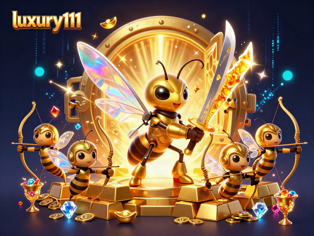 Join the excitement with luxury111 as a vibrant 3D scene bursts with golden treasures and gambling elements.