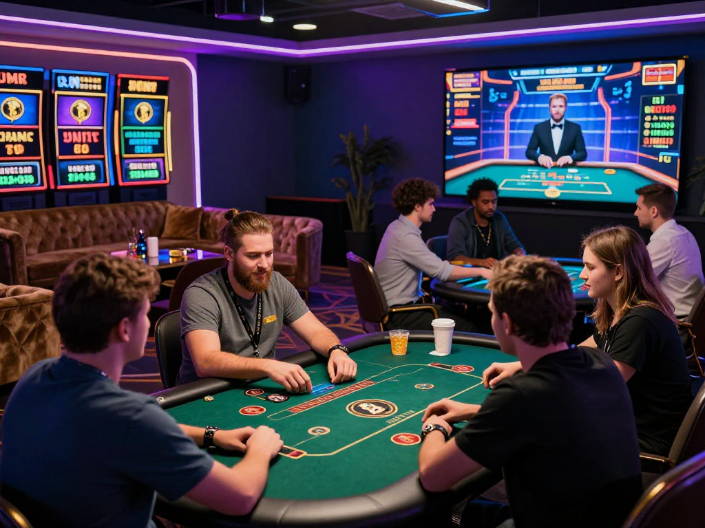 Exciting crypto casino scene with players enjoying games and screens displaying cryptocurrency values.
