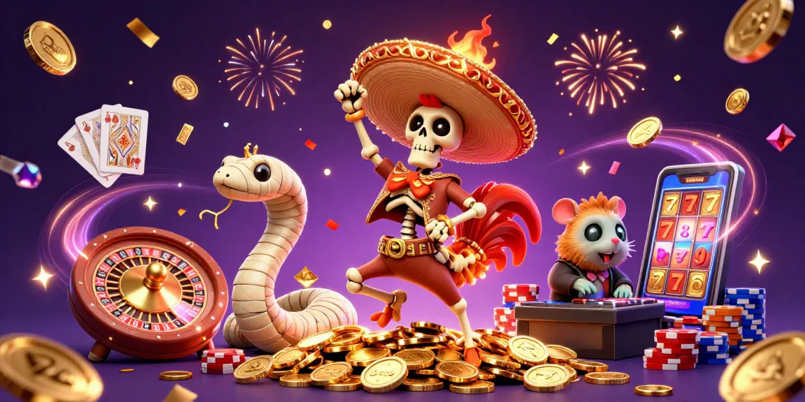 Baucua game features a lively 3D scene with characters celebrating around a roulette wheel and sparkling coins.