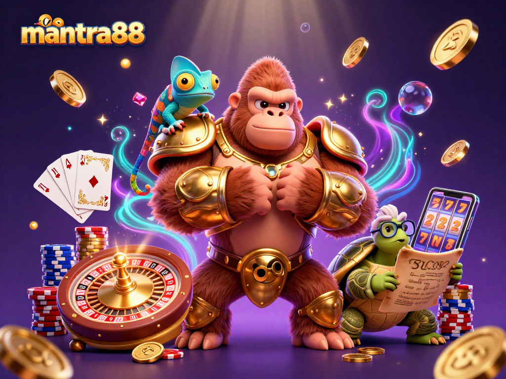 In an exhilarating scene, mantra88 showcases a powerful gorilla king and his companions celebrating wins amidst casino glamour.