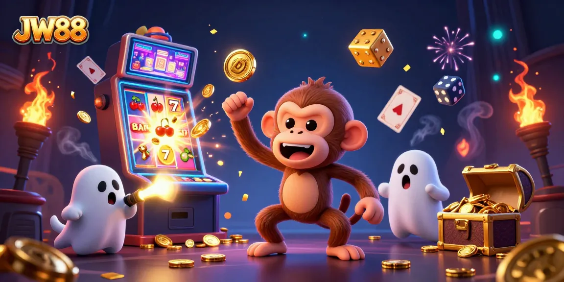 Experience thrilling gameplay at JW88 with a lively 3D casino scene featuring a playful ghostly monkey.