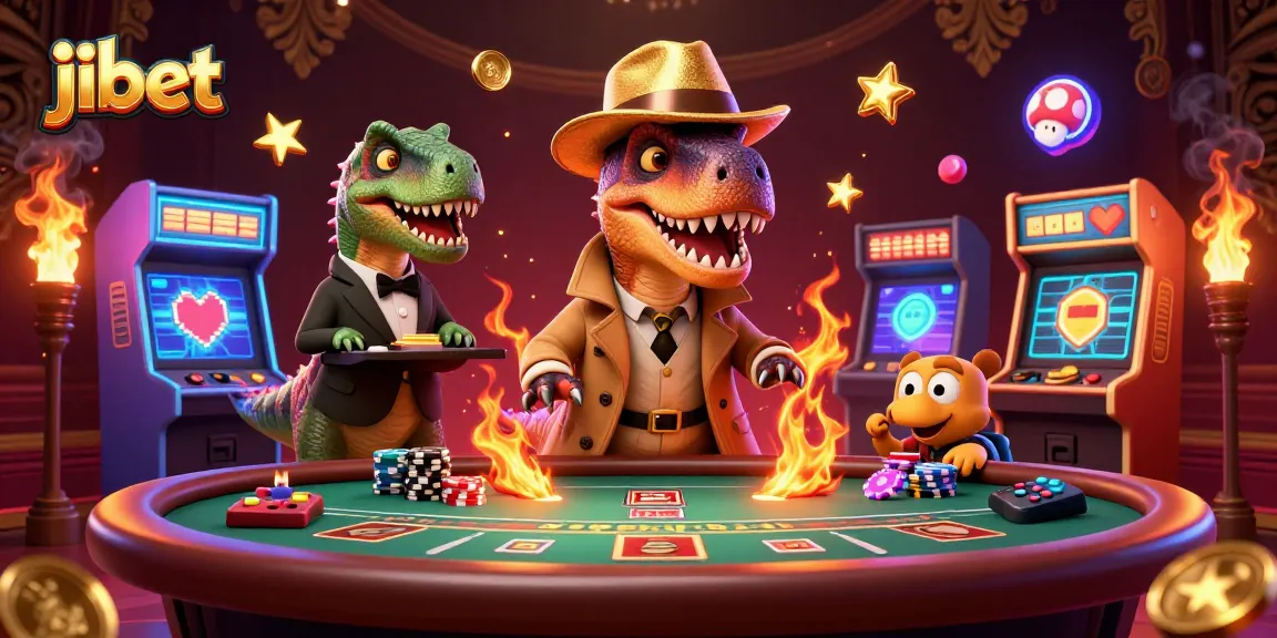 Experience thrilling gameplay at Jibet with a cartoon velociraptor at the blackjack table.