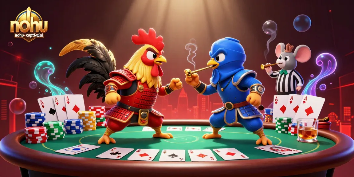 Engage in the nohu-cupthegioi showdown with fighting roosters amid poker action and vibrant casino elements.