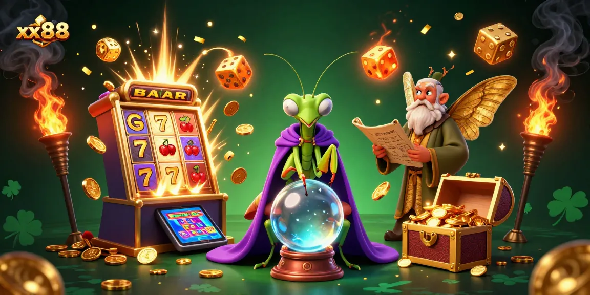 Experience gaming thrills with xx88, featuring a colorful 3D slot explosion and mystic fortune teller.