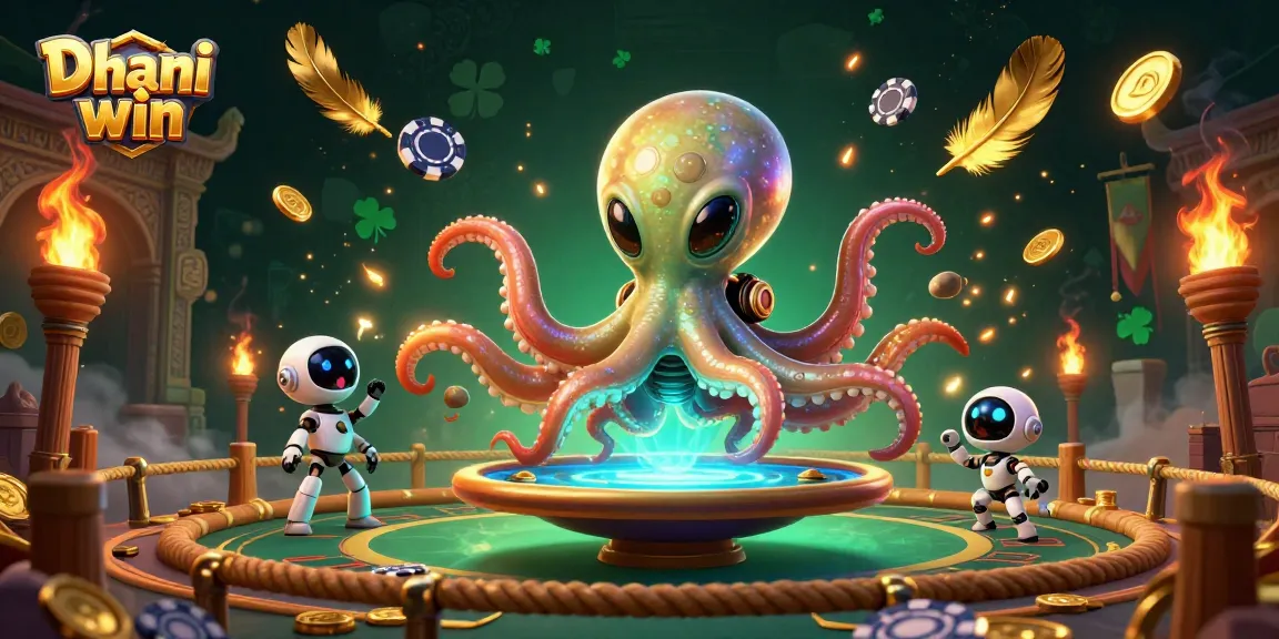 Dhani win features a vibrant scene with an alien octopus at a poker table, celebrating winning gameplay with rich casino elements.
