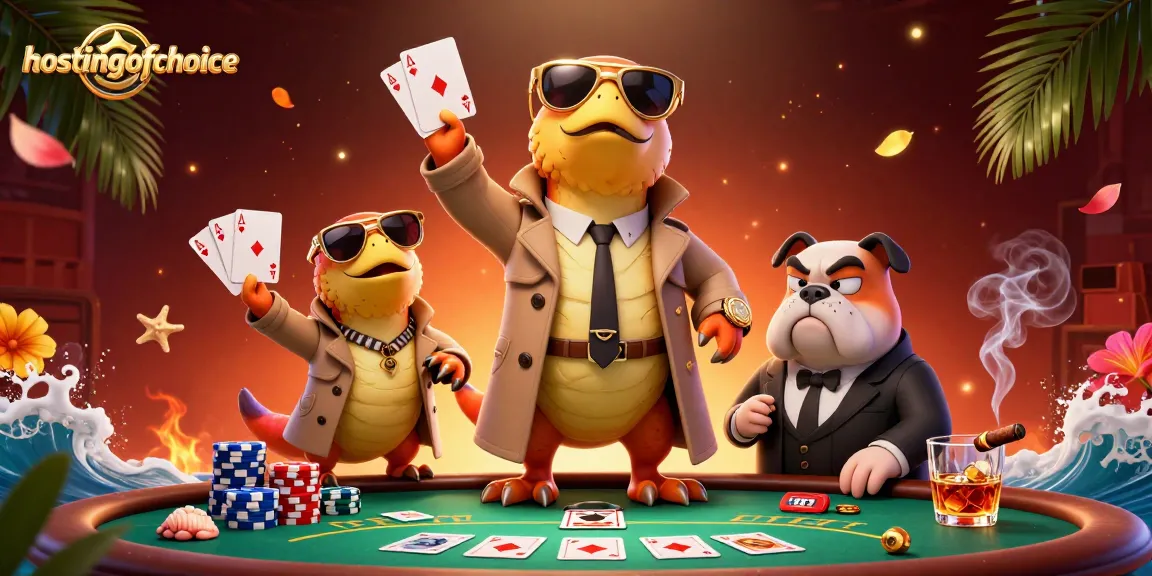 Engage with hostingofchoice featuring cartoon raptors in a trench coat attempting casino entry.