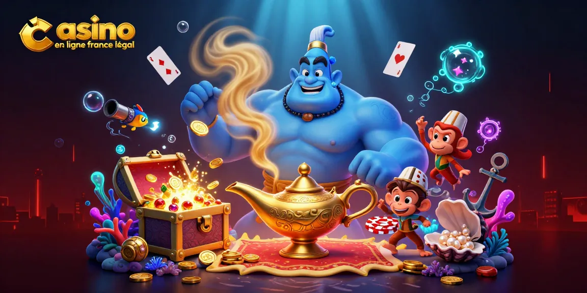 Illustration représentant un casino en ligne France légal avec un génie, un singe et un tapis volant, remplie d'éléments de jeux.