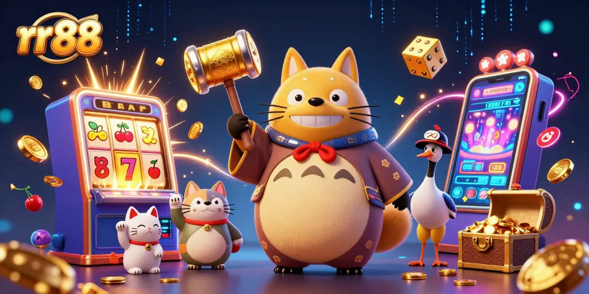 Engage with rr 88's exciting 3D casino scene featuring a cheerful tanuki, vibrant slots, and rewards.