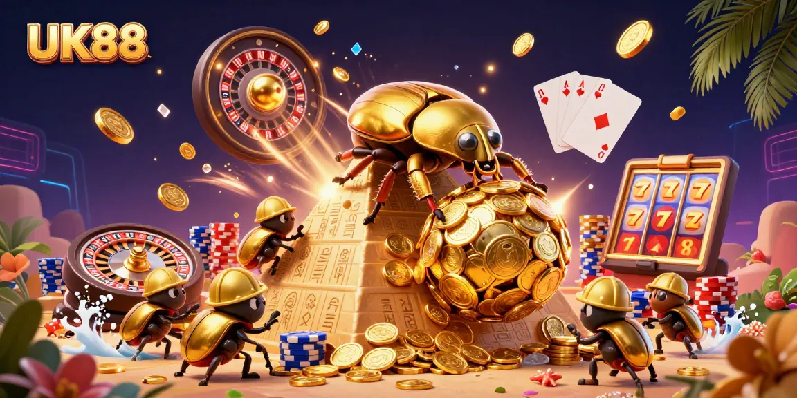 Experience UK88's vibrant casino world with a golden dung beetle rolling coin treasures.