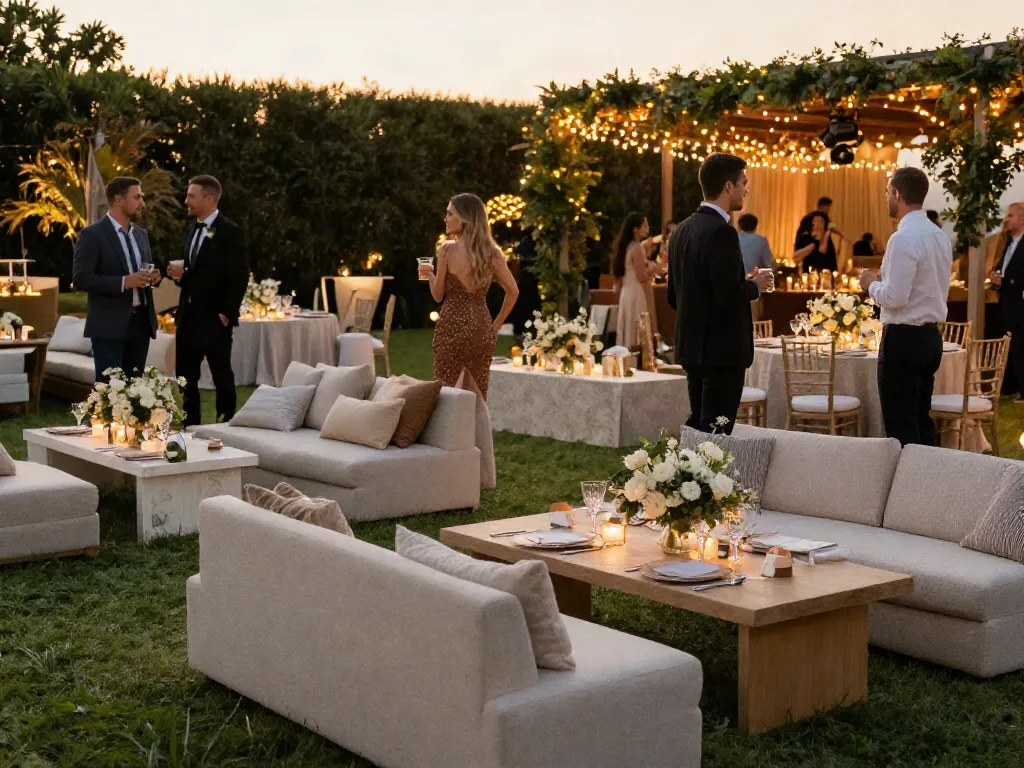 Event furniture rental at a stylish outdoor wedding reception with elegant décor and lounge seating.