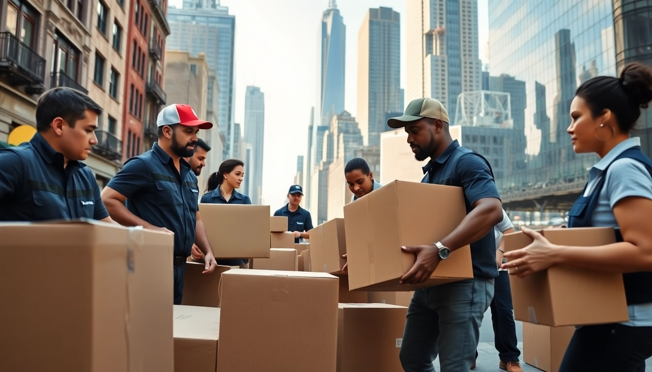 Best NYC movers efficiently packing and relocating in a vibrant New York City backdrop.