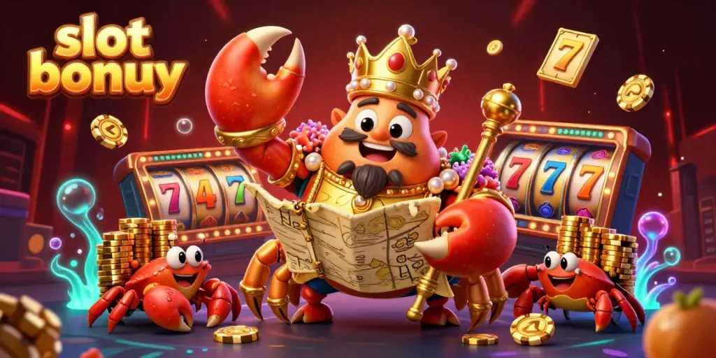Experience the excitement of slot bonuses with a vibrant illustration of a golden crab emperor and dynamic game elements.