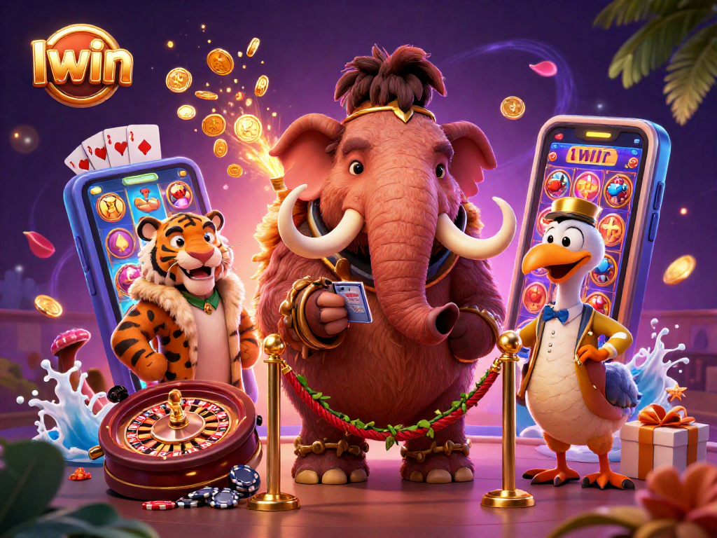 Iwin themed 3D illustration showing a woolly mammoth bouncer, a saber-tooth tiger VIP, and a dodo bird doorman amidst vibrant casino gaming elements
