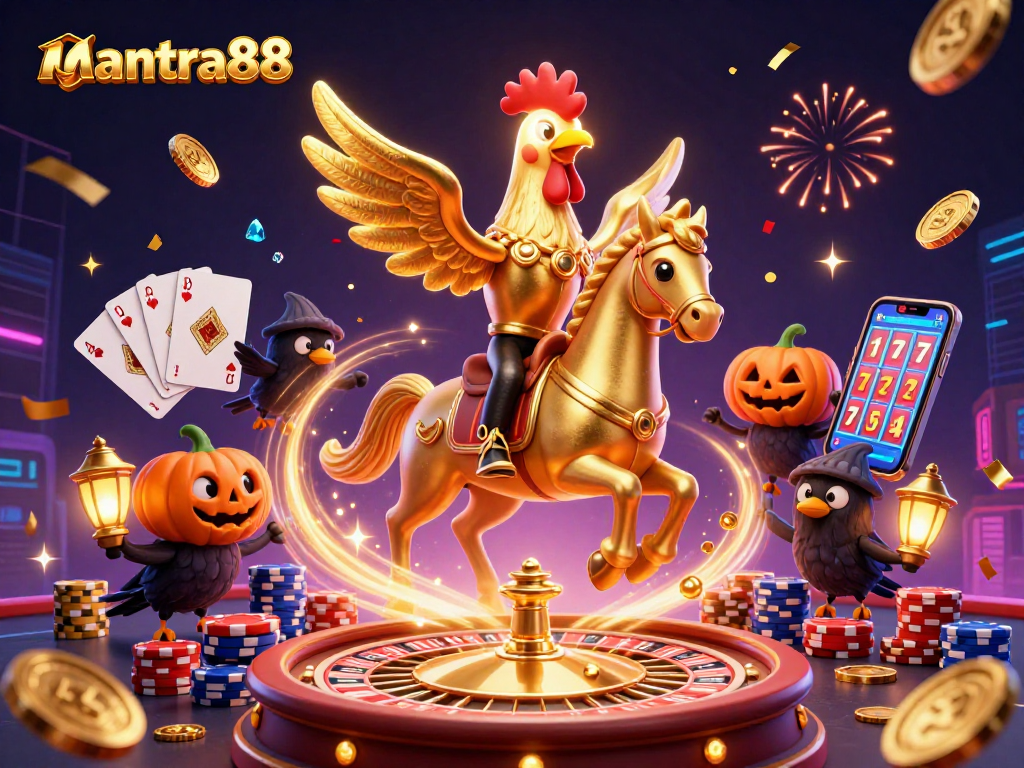 Experience the excitement at mantra88 casino with a vibrant scene of golden rooster and pumpkins.